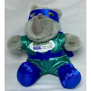 RhinoCort Aqua Nasal Spray Ad Super Hero‎ Plush Satin Sitting Rhinoceros 7" Toy